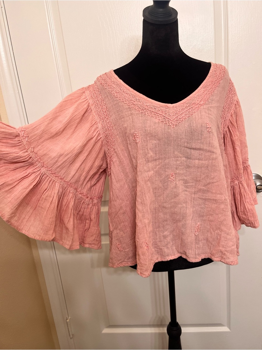 Rachel Zoe Boho Pink Embroidered Flared Sleeves Linen Top Sz XL